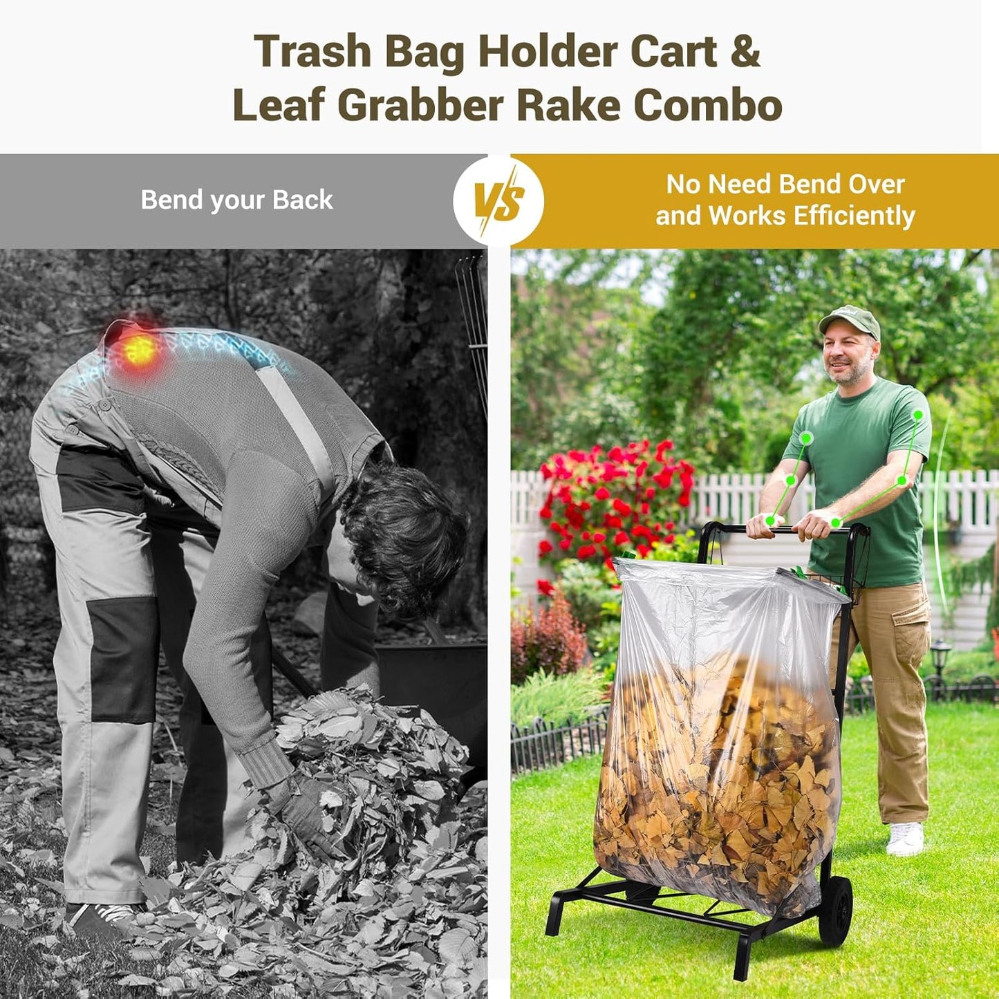 CAROD Mobile Trash Bag Holder with Storage Basket and Ergonomic Handle, Convenient Leaf Bag Cart with Leaves Grabber Rake Combo, Suitable for Leaves, Weeding, Camping, Party