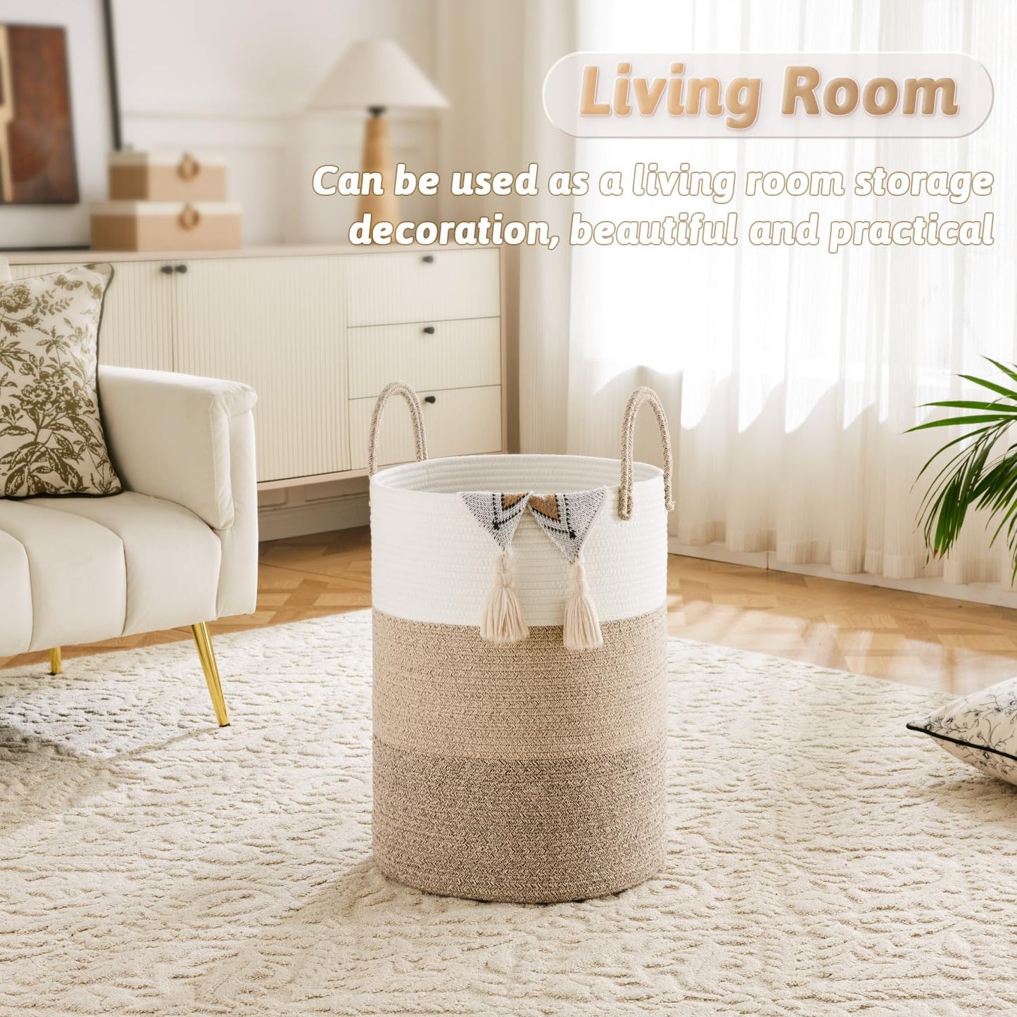 Laundry Basket,Woven Cotton Rope Laundry Hamper,60L for Decorative Storage of Dirty Clothes,Toys and Blankets in Bathroom,Bedroom and Living Room