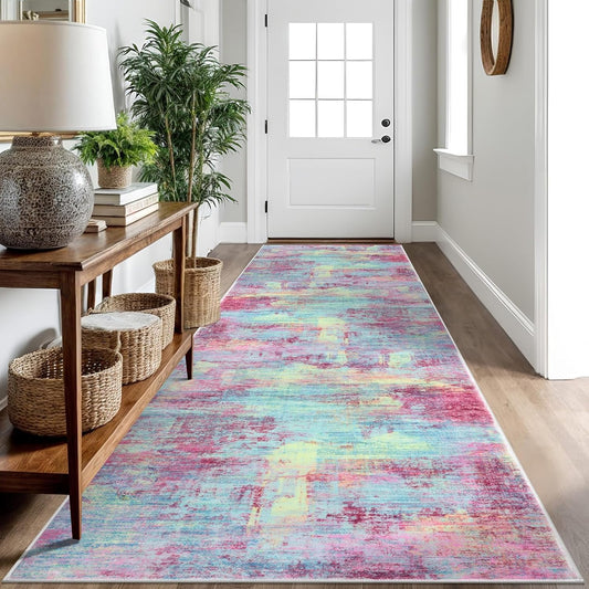 IOHOUZE Abstract Runner Rug 3x10 Ft Washable Runners for Hallways, Non Slip Kitchen Runner Printed Faux Wool Entryway Runner Indoor, Modern Abstract Floor Carpet for Hall Kitchen Bedroom, Pink Teal