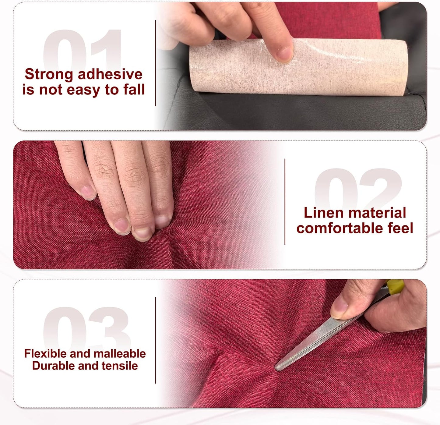 PATIKIL 70x4.4 Inch Linen Repair Tape, Repair Fabric Patch Self Adhesive Couch Patch Line Repair Patch for Furniture Sofa Car Seats Office Chairs, Wine Red