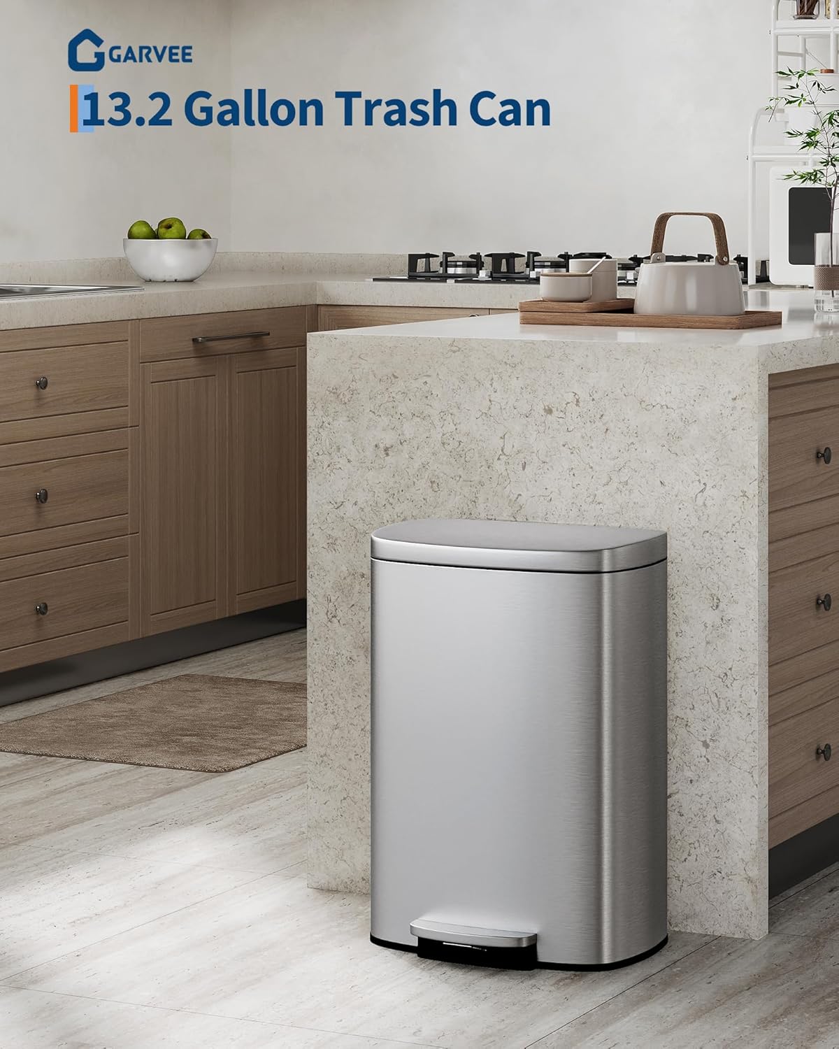 Garvee 13 Gal (50 L) and 2.6 Gal (10 L) Stainless Steel Trash Can Combo Set, Rustproof Garbage Can with Lid for Kitchen and Bathroom, Step-on Trash Bin with Inner Bucket, Rear Handle, Silver