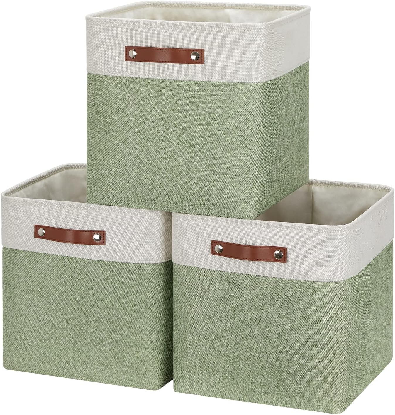 HNZIGE Foldable Storage Cubes & Baskets (3 Pack) - 13 Inch Storage Bin with Leather Handles for Toys, Clothes, Kids (White & Green)