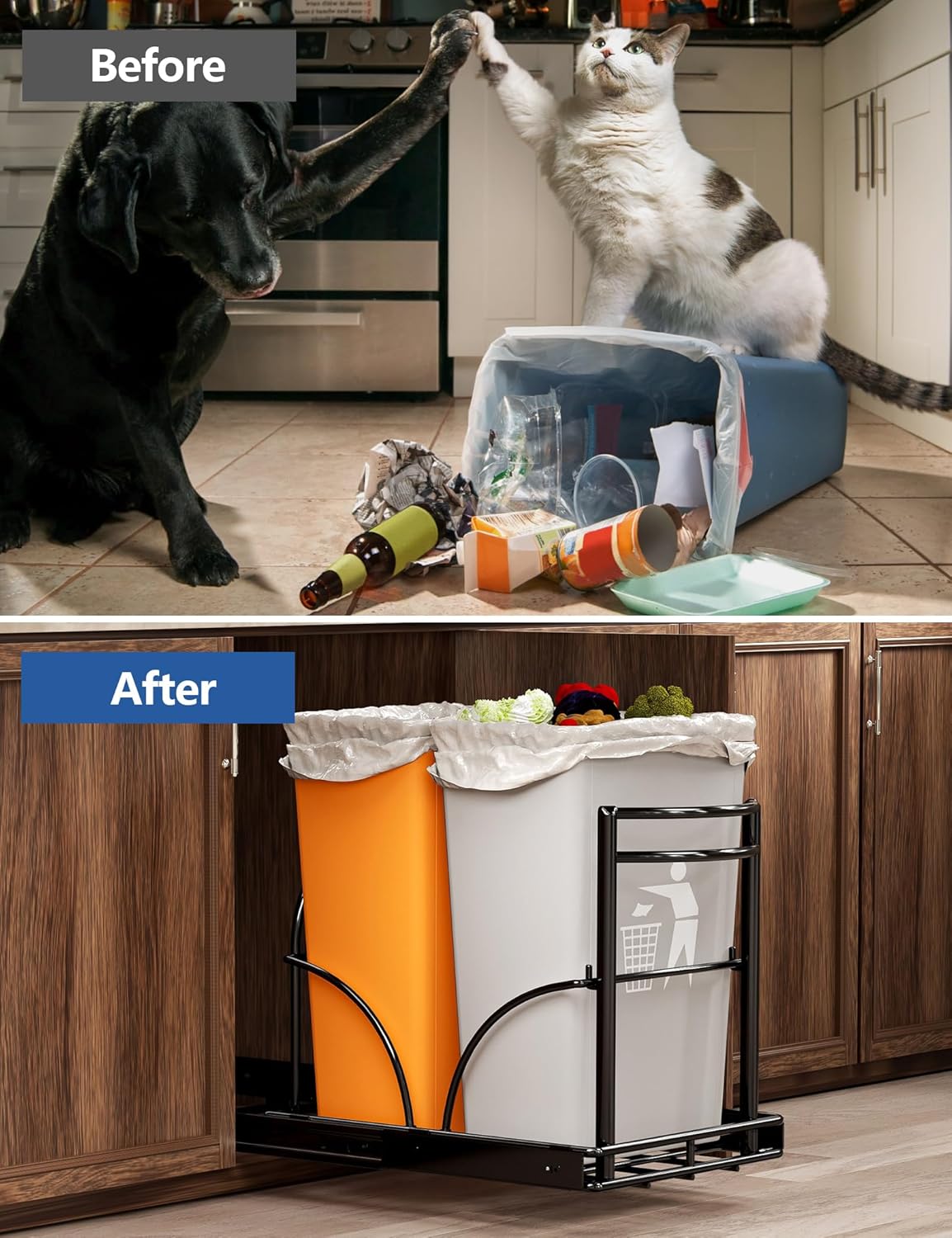 ANASTA Dual Pull Out Trash Can Under Cabinet Rack-No Can Included, Under Sink Trash Can Pull Out Fits Double 7-9 Gal/35 Qt*2 Commercial Trash Bin, Cabinet Garbage Can Required ≥16''Wx 17''Hx 22" D