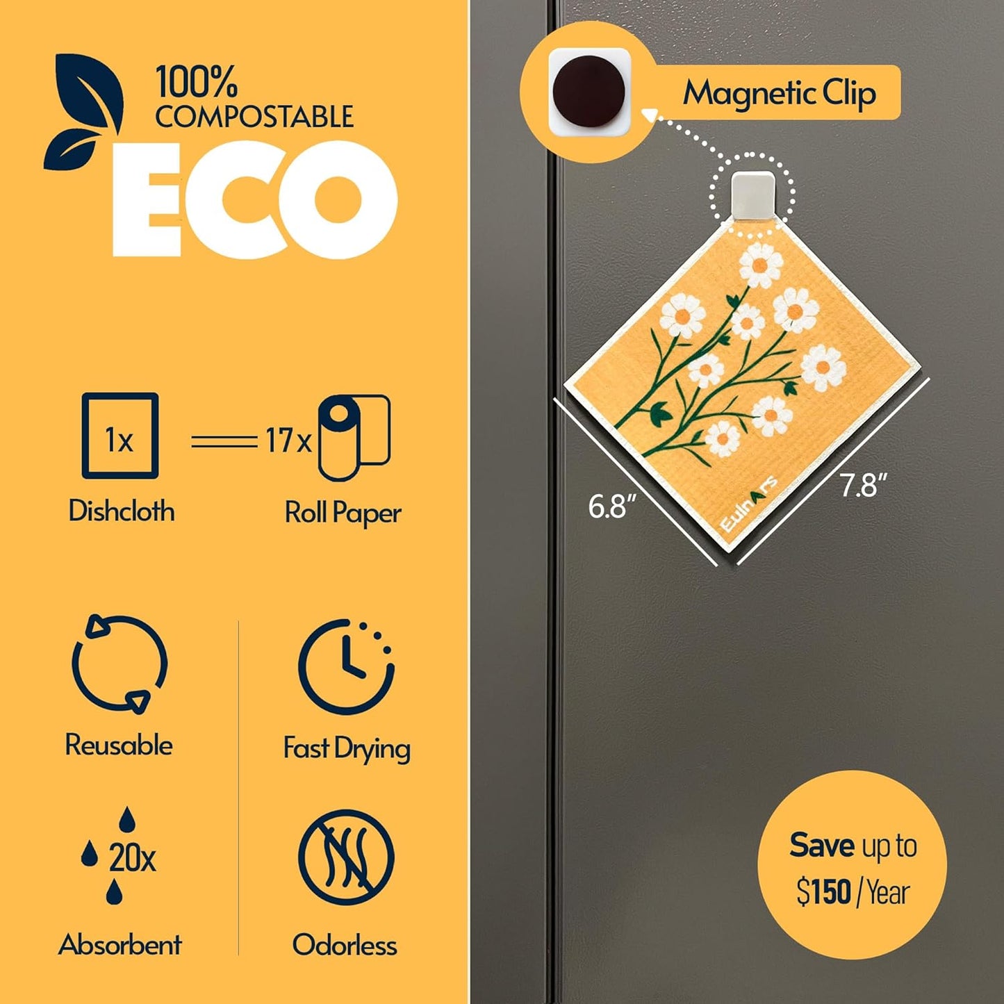 Swedish Dishcloths, 8 Pack Reusable Paper Towels with Clips, Non-Scratch Swedish Dish Towels for Kitchen, Super Absorbent Cellulose Dish Cloths, No Odor Cleaning Rags