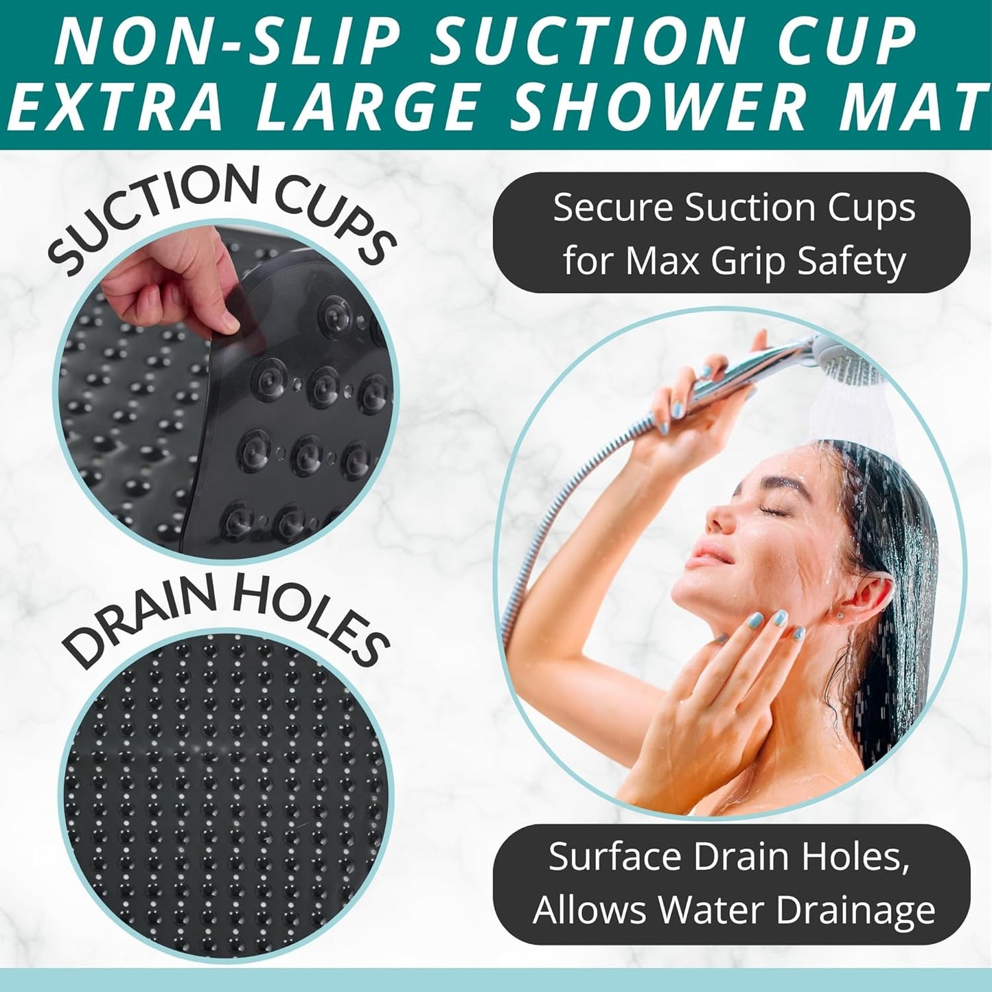 ENKOSI Extra Large Square Non Slip Shower Mat - 31 x 31-inch XL Bathroom Shower Mat - Square Shower Matts for Shower Stall Floors | Secure Suction Cups and Drain Holes (31x31 Charcoal)