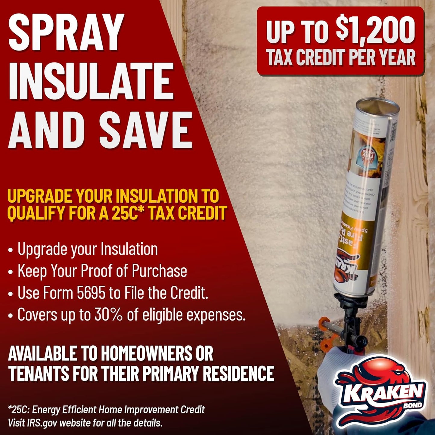 Kraken Bond Fastcoat Fire Rated Spray Foam Insulation Kit Closed Cell in a Can 120 sq ft (6x27.1 oz.) (R-Value 11.32 / 2in) - Spray Foam for Garage Door, Attic, Wall Gun & Cleaner Included, 6 Pack