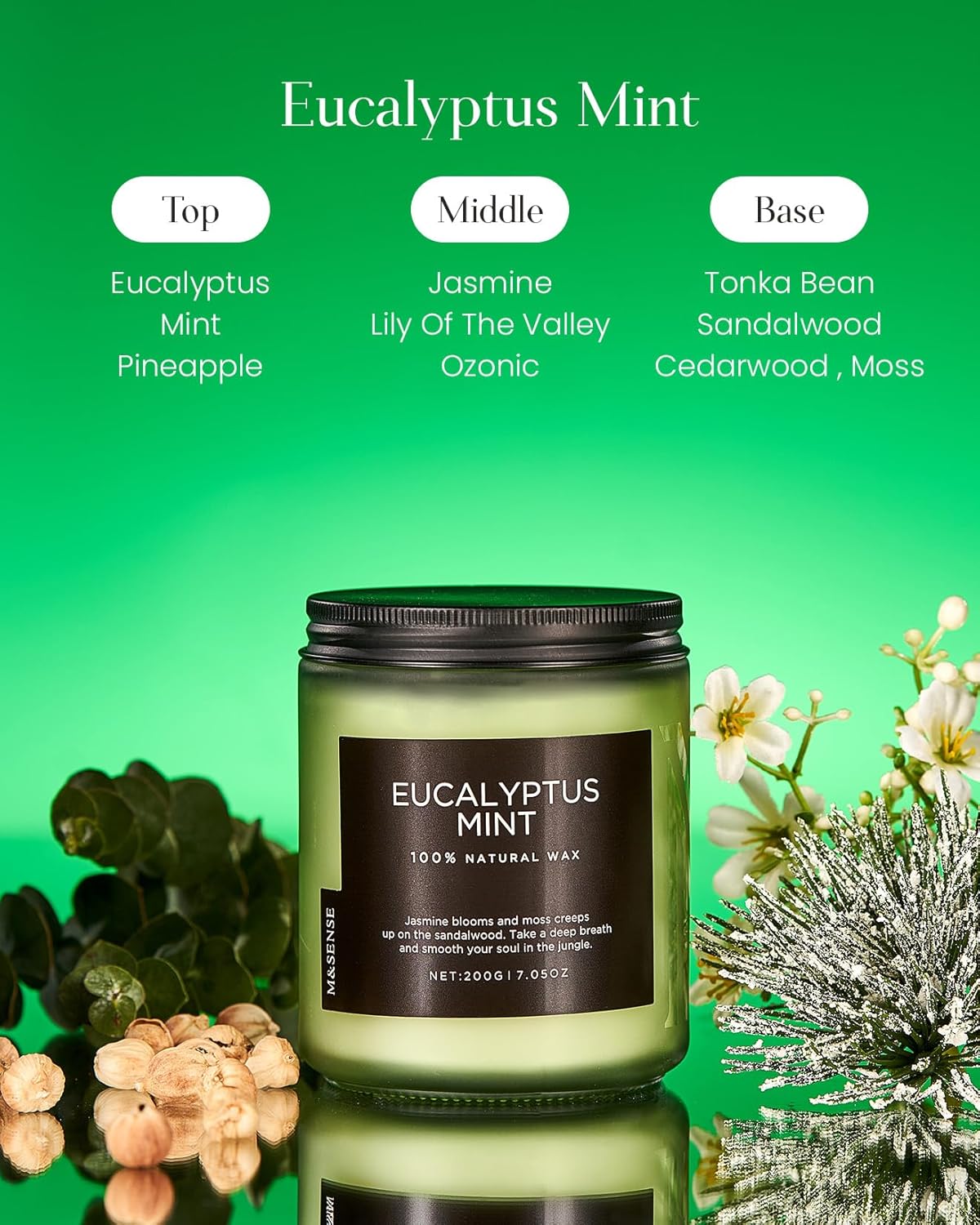 M&SENSE Eucalyptus & Mint Candles for Home Scented, Clean Non Toxic Aromatherapy Candle Gift 7.05oz 50 Hours Burn for Stress Relief Meditation Yoga Relaxing SPA