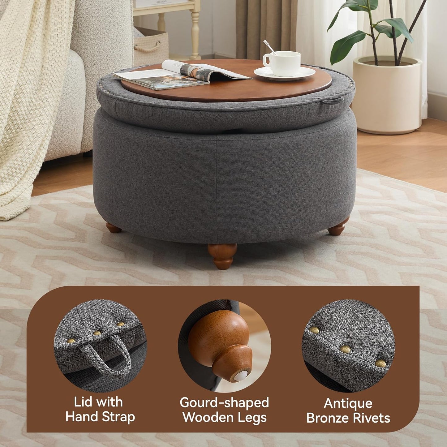 30Inch Round Storage Ottoman with Tray, Modern Tufted Fabric Circle Coffee Table with Storage, Upholstered Ottoman with Removable Top for Living Room, Bedroom, Dark Grey