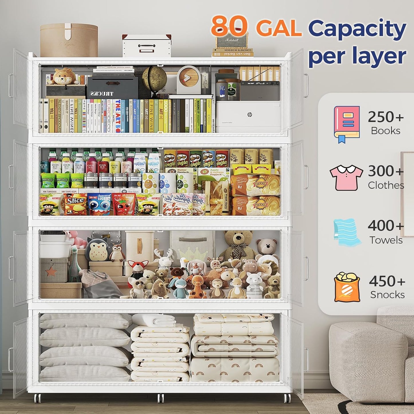 240 Gallon Extra Large Collapsible Storage Bin with Lid, 960QT Stackable Plastic Organizer with 6x Wheels, Foldable Drawer Cabinet for Closet, Living Room Office Dorm 3Pack, White