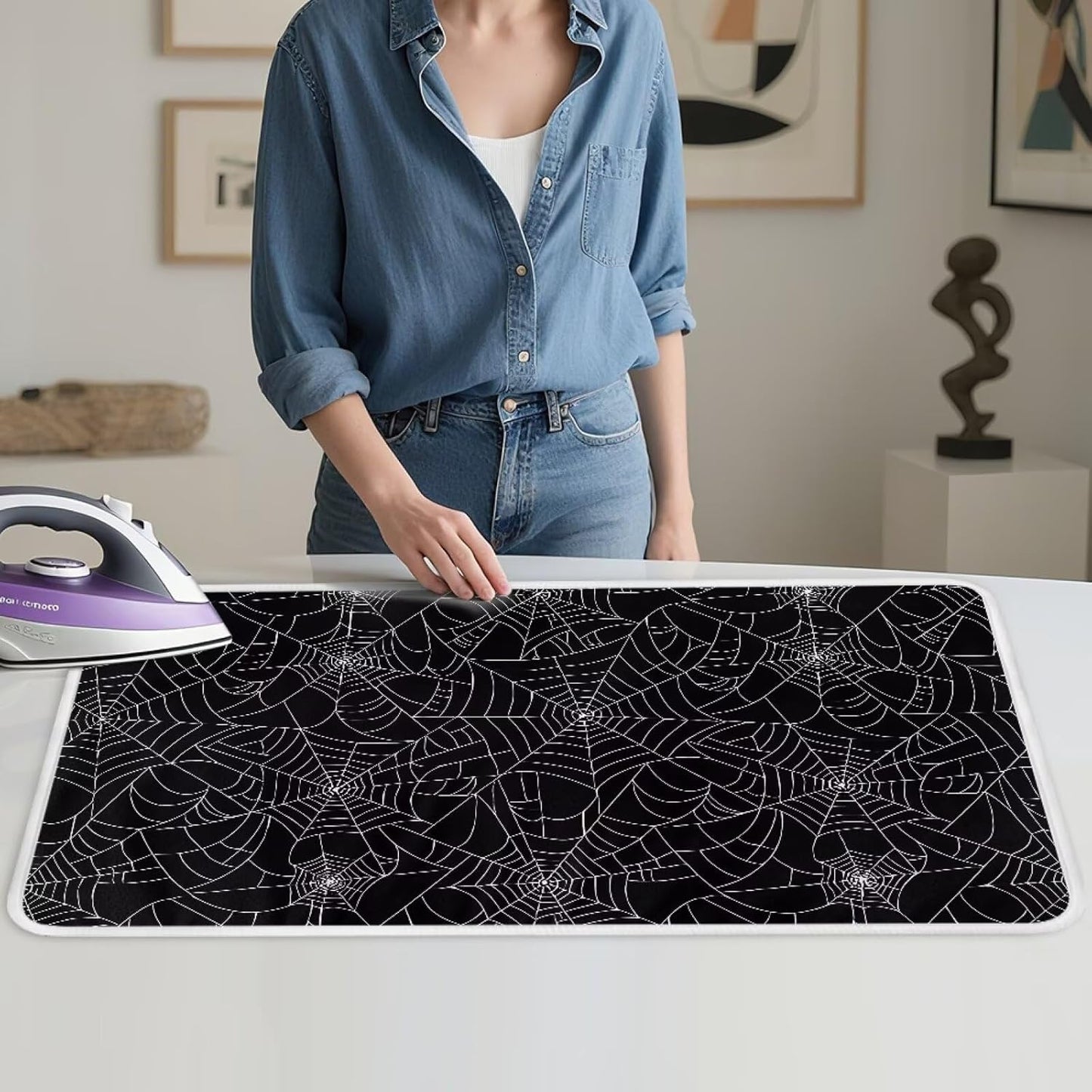 Spider Web Ironing Mat Black Heat Resistant Ironing Blanket Thick Portable Travel Ironing Pad for Table Top Washer and Dryer,Large Foldable Ironing Padding 32 x 16 Inch