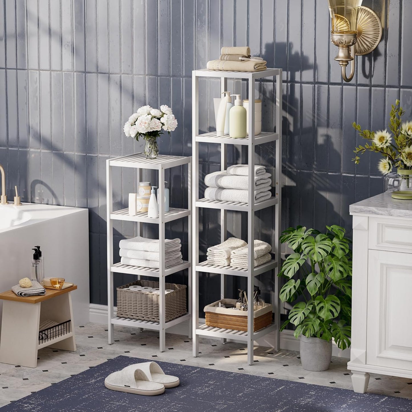 SMIBUY Bathroom Storage Shelf, 4-Tier Bamboo Rack Organizer, Multifunctional Shelving Unit for Living Room Bedroom Kitchen (White)