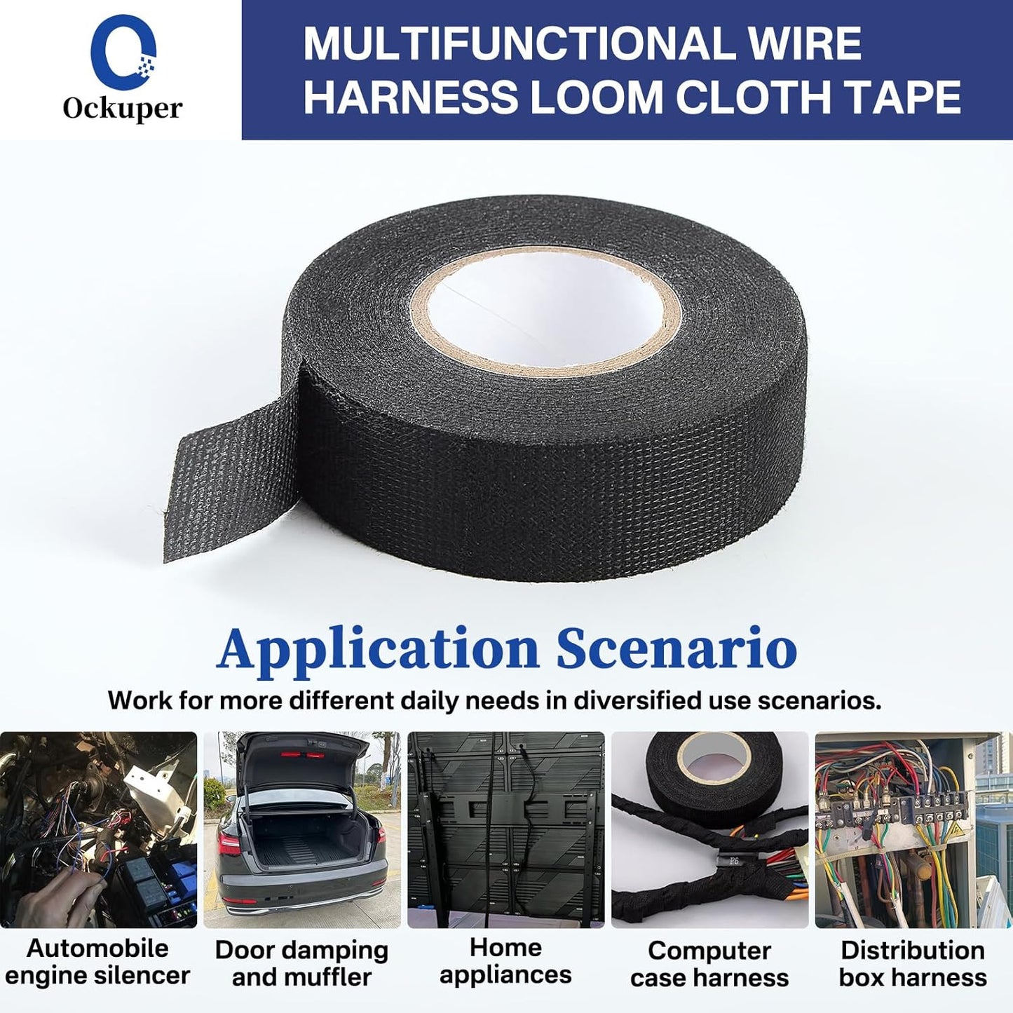 Wire Harness Tape, 0.98＂x 49FT 5 Rolls, Wiring Loom Harness, Self-Adhesive Felt Cloth Electrical Tape for Automotive Engines, Harness Wrap Protection,Noise Dampening and Cable Protection,Black