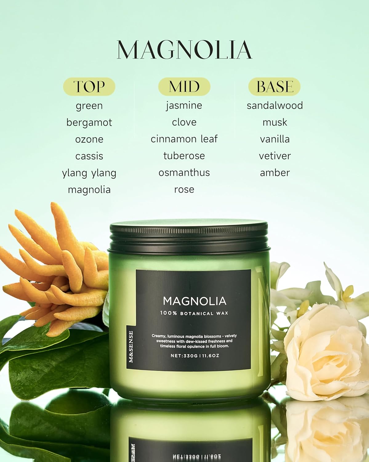 M&SENSE Magnolia Jasmine Spring Scented Candle, 11.6oz 70 Hours Long Lasting Clean Non Toxic All Natural Soy Wax Candle for Relaxing & Stress Relief, 2 Wick Romantic Fragrance Gifts for Home Decor