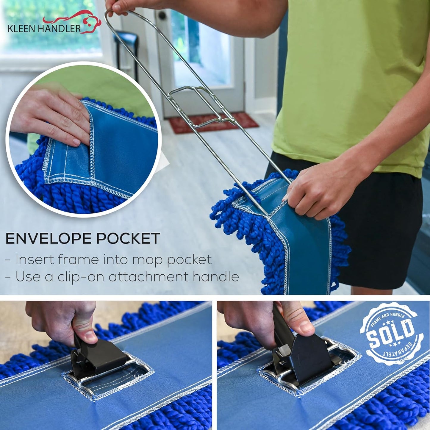 KLEEN HANDLER 24 Inch Microfiber Dust Mop, Medium Washable Commercial, Sweeper, Janitorial Head Replacement, Push Mop Broom, Blue