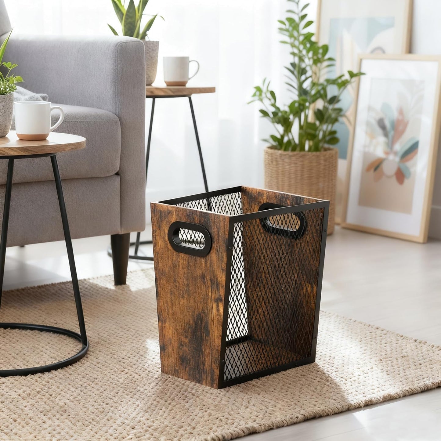 Piskyet Rustic Office Trash Can for Near Desk, 4.5 Gallon Unique Wood Bedroom Garbage Can,Vintage Wastebasket with Handle, Decorative Trash Can for Home Office,2pack 10.8" L x 7.8" W x 11.8" H