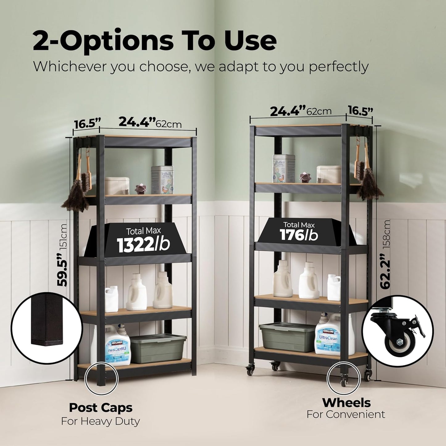 HOMEDANT House 5-Tier Metal Rolling Cart Shelf Rack Casters Heavy Duty Laminated Wheel Shelving Unit Adjustable Utility Storage Shelves Organizer Shelf Kitchen Garage 24.4" W x 16.5" D x 62.2" H 4Pack