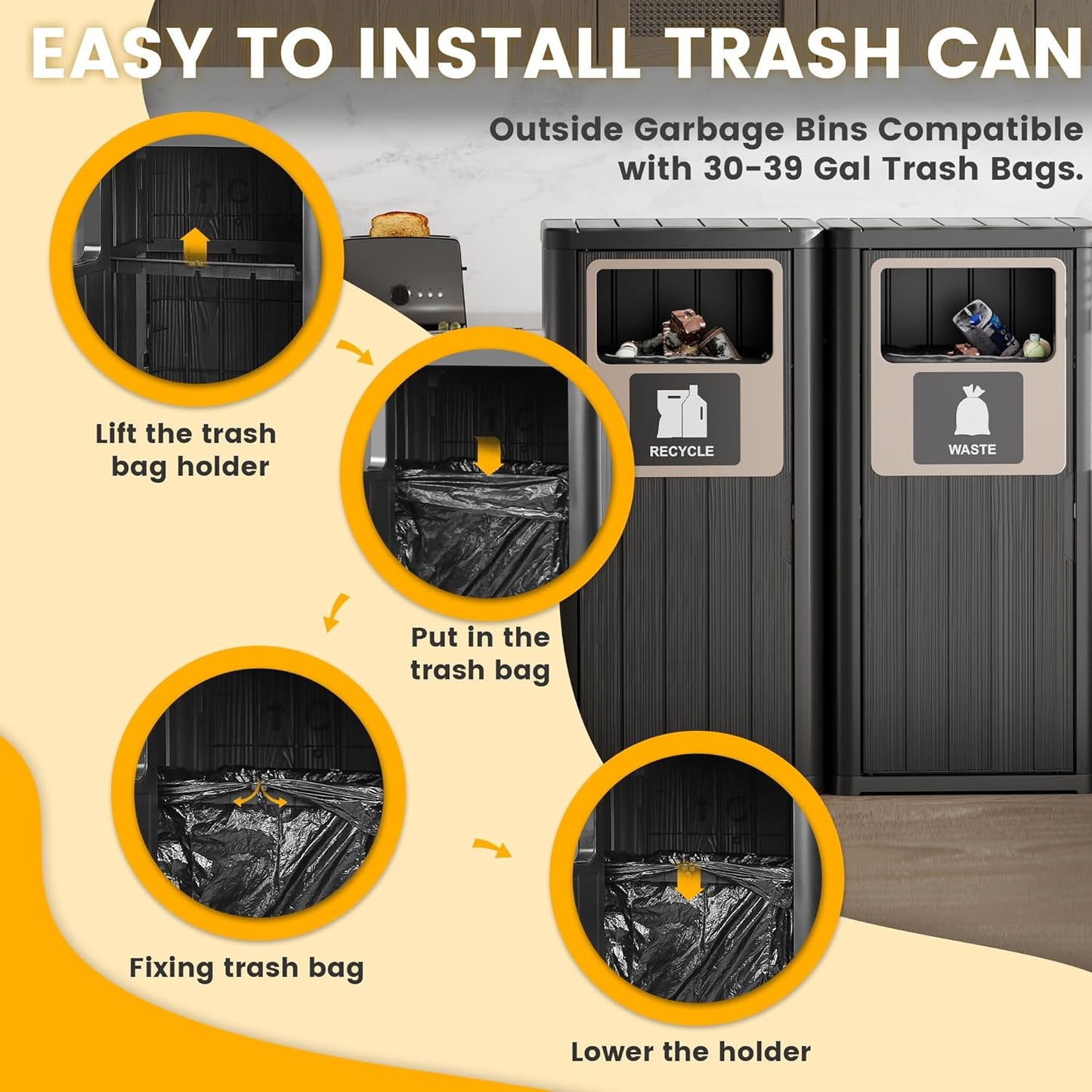 Outdoor Trash Can, Waterproof Resin Garbage Can Indoor and Outdoor Use, Durable & Weather-Resistant Commercial Garbage Can, Outside Trash Bin for Patio, Kitchen