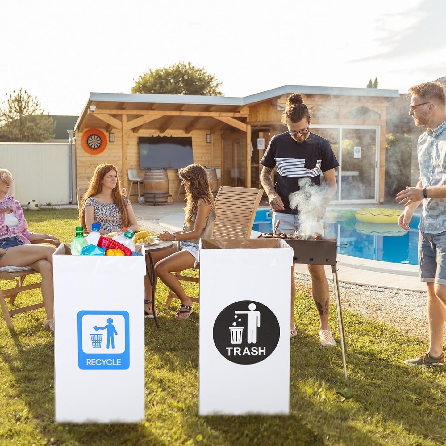 Tioncy 5 Pcs 30 Gallon Corrugated Cardboard Trash Cans Recycling Bins with Trash and Recycle Letters White Disposable Garbage Container Reusable Garbage Boxes for Party Camping Outdoor Events