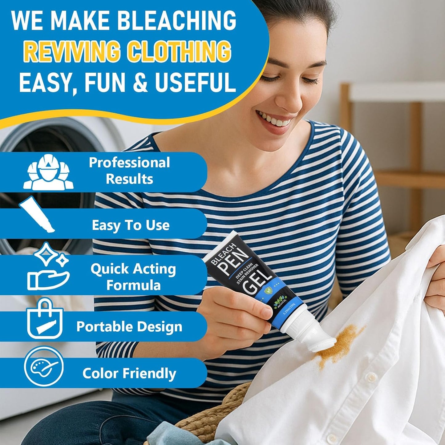 Bleach Pen for Clothing, 10.5 fl oz Stain Remover Pen for Whites & Colors, Portable Bleach Stick Stain Remover Gel for Travel & Home Use, Instantly Remove Stains Pen (Fresh Scent)