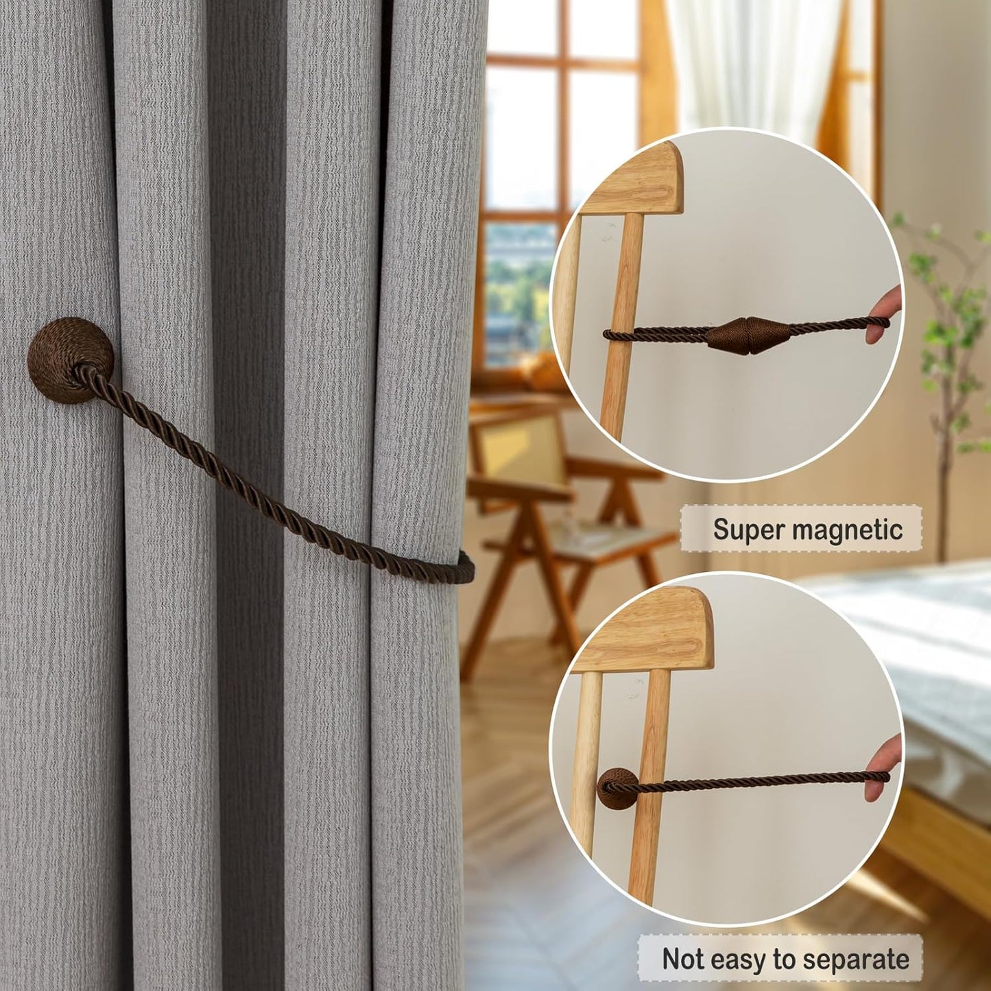 Magnetic Curtain Tiebacks 2 Pack Outdoor Rope Curtain Tie Backs Decorative Window Treatment Holdbacks for Home Decorative Curtain, Coffee
