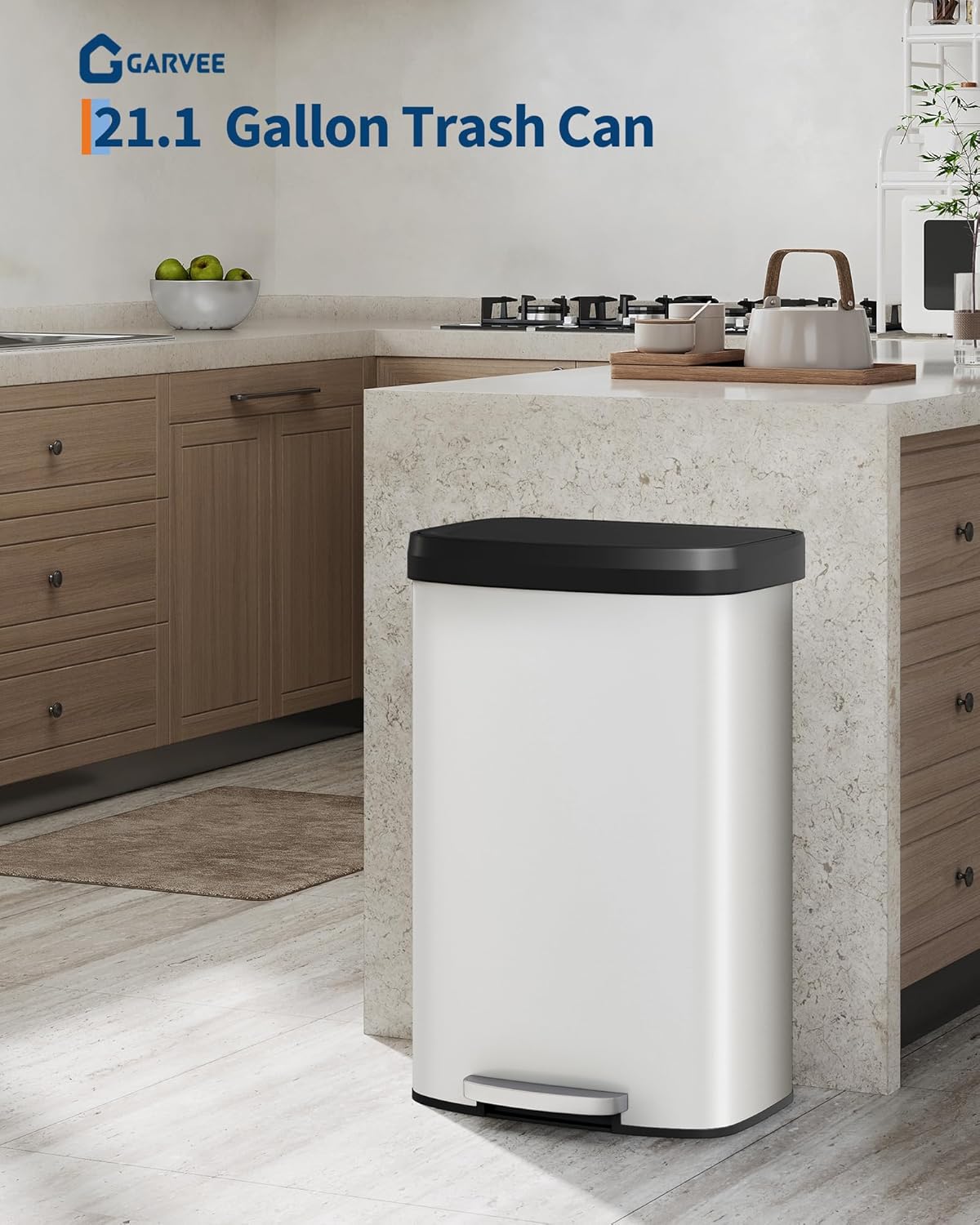 Garvee 21 Gallon / 80 Liter Metal Trash Can with Lid, Large Garbage Can for Kitchen, Rustproof Step-on Kitchen Metal Trash Bin with Liner Rim, Rear Handle, Soft Close Plastic Lid, White
