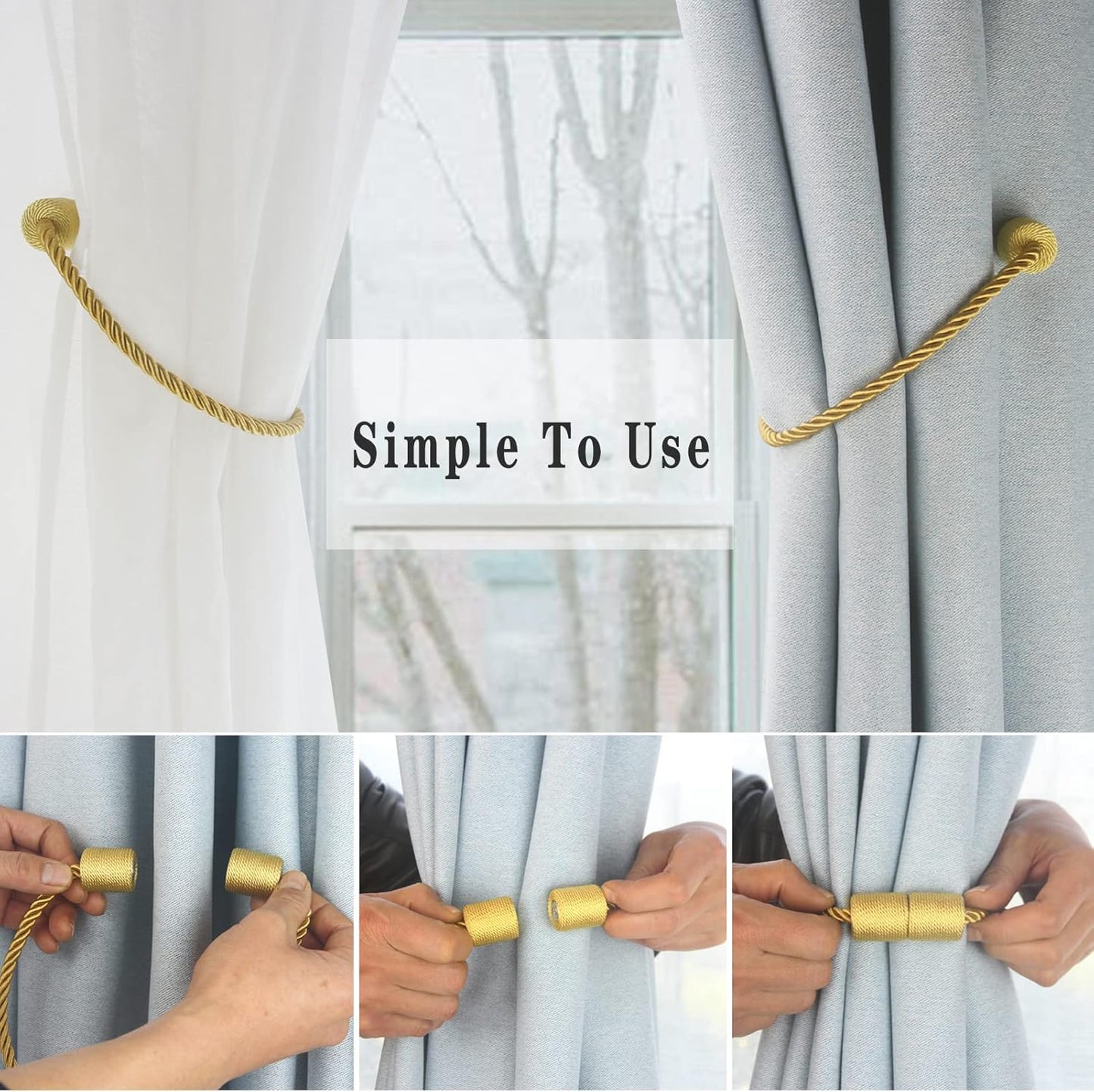 Magnetic Curtain Tiebacks 2 Pack Gold Curtain Rope Tieback Curtain Holders for Drapes Modern Tie Backs Decorative Curtain Holdbacks