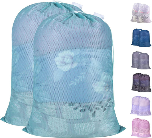 Polecasa Heavy Duty Large Mesh Laundry Bags with ID Tag and Locking Drawstring Closure - 2 Pack, 24 x 36 inches - Laundry Hamper Liner, Washable Laundry Bag for Travel, Sports, Dorms (Aqua)