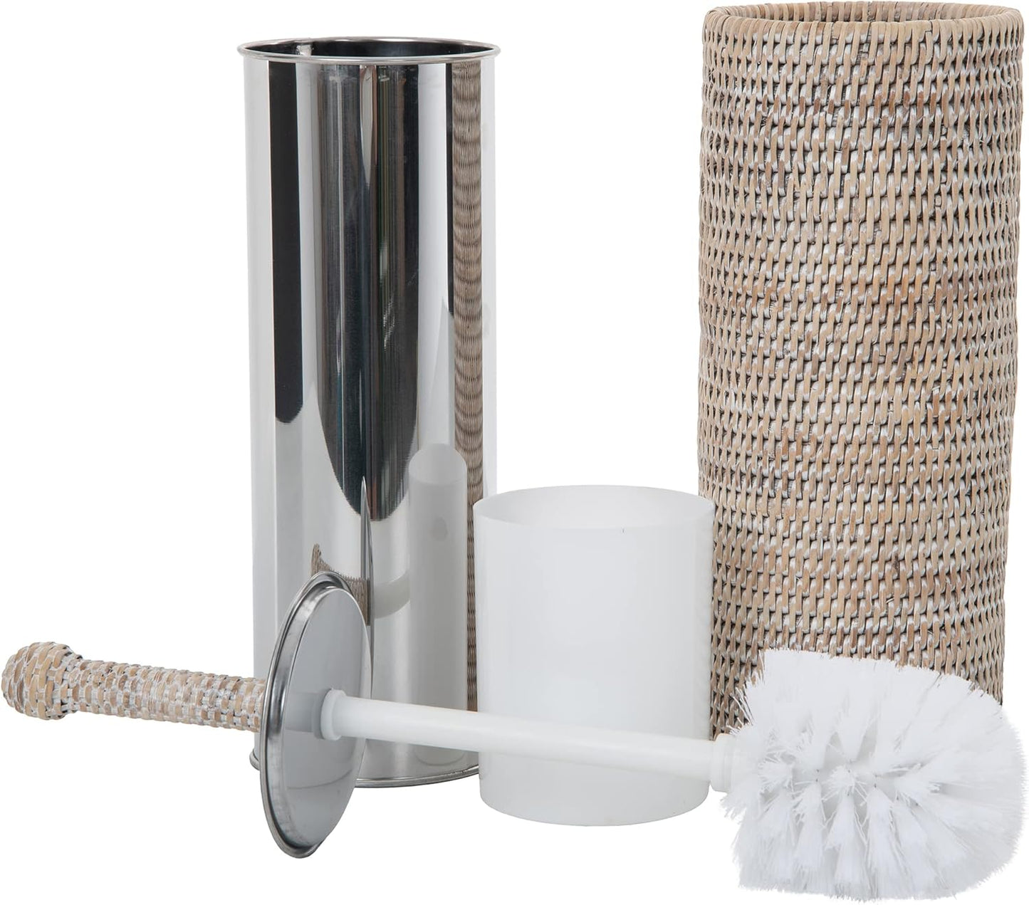 La Jolla Decorative Rattan Toilet Brush Set White Wash Handwoven Toilet Brush and Holder with Removable Cup & Lid Hygienic Odor-Free Design - 4.5" x 15.5" Size