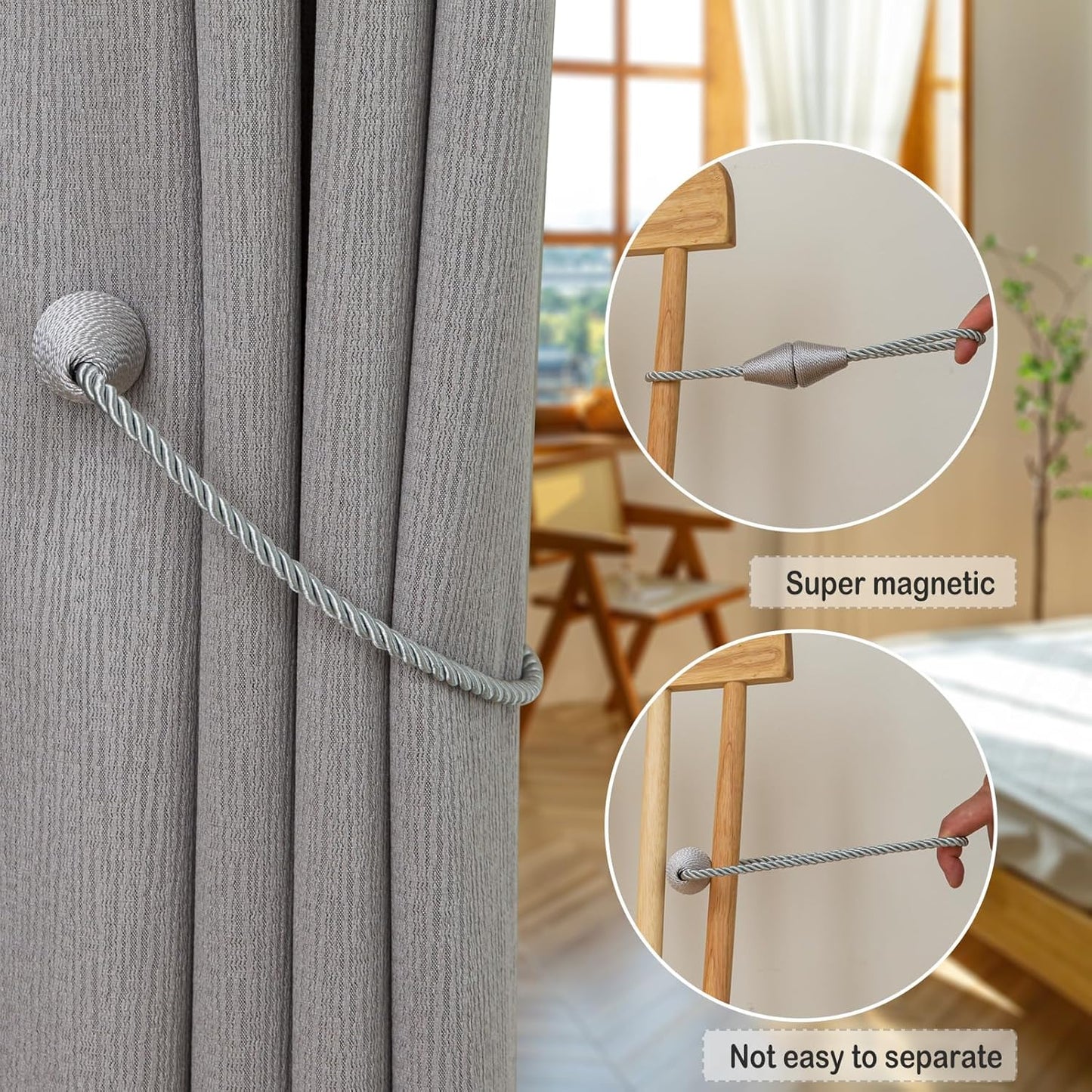 Magnetic Curtain Tiebacks 8 Pack Outdoor Rope Curtain Tie Backs Decorative Window Treatment Holdbacks for Home Decorative Curtain, Grey