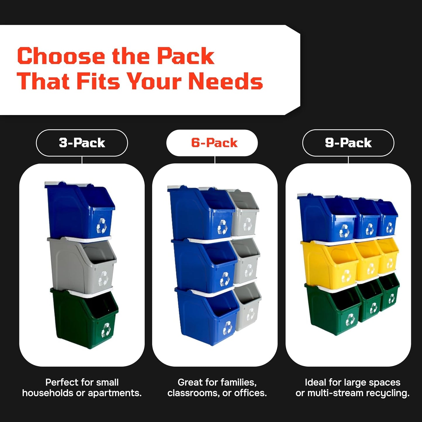 6 Gallon Stackable Recycling Bins for Homes, Garages, Offices Made of 100% Recycled Plastic - (Blue, 6 Pack)