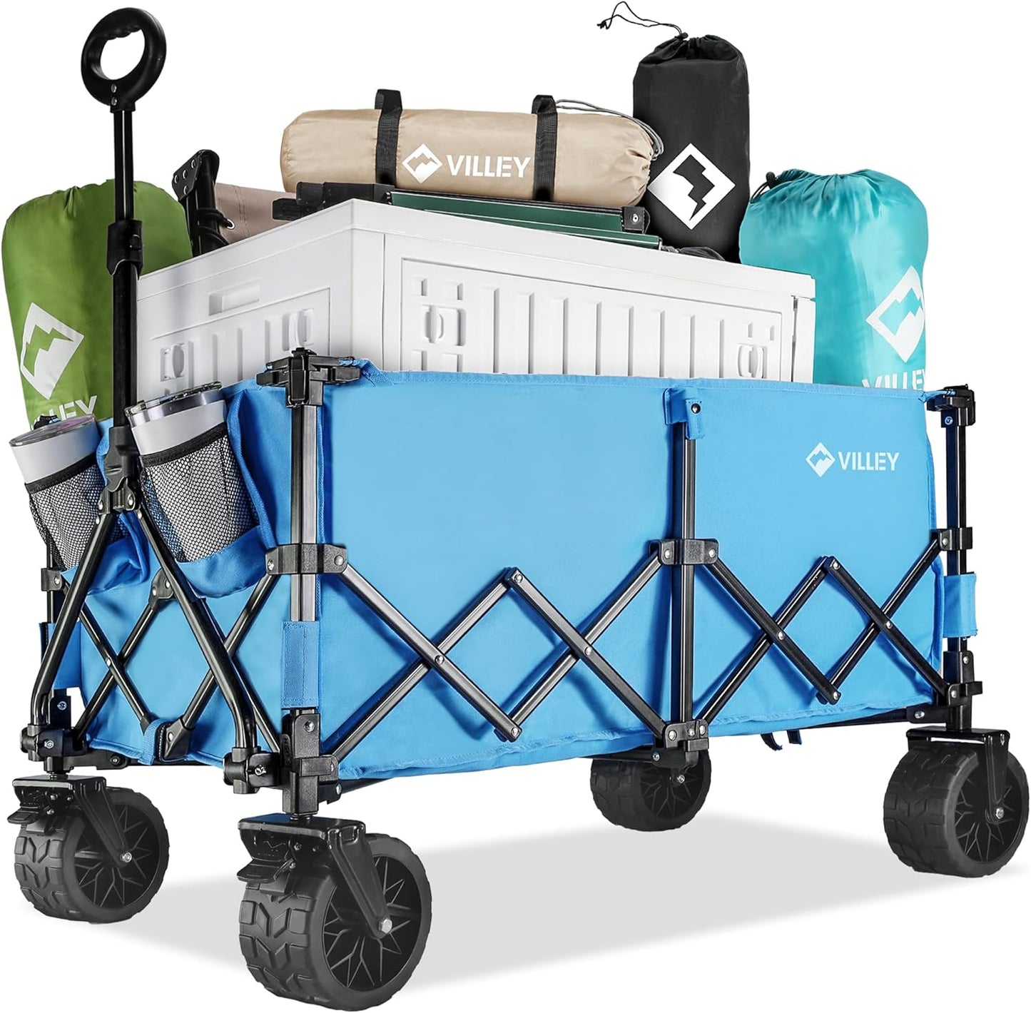 VILLEY Extended Collapsible Foldable Wagon with 330LBS Weight Capacity, 220L Heavy Duty Folding Utility Garden Cart with Big All-Terrain Beach Wheels with Brake & Drink Holders, Blue