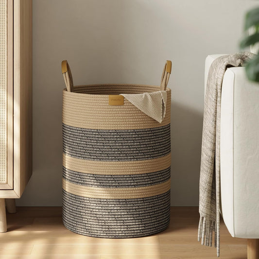 62L Striped Laundry Hamper with Leather Handles,Large Foldable Laundry Basket for Clothes,Cotton Rope Storage Bin for Blankets,Woven Clothes Basket for Bedroom,Dark Brown Stripes