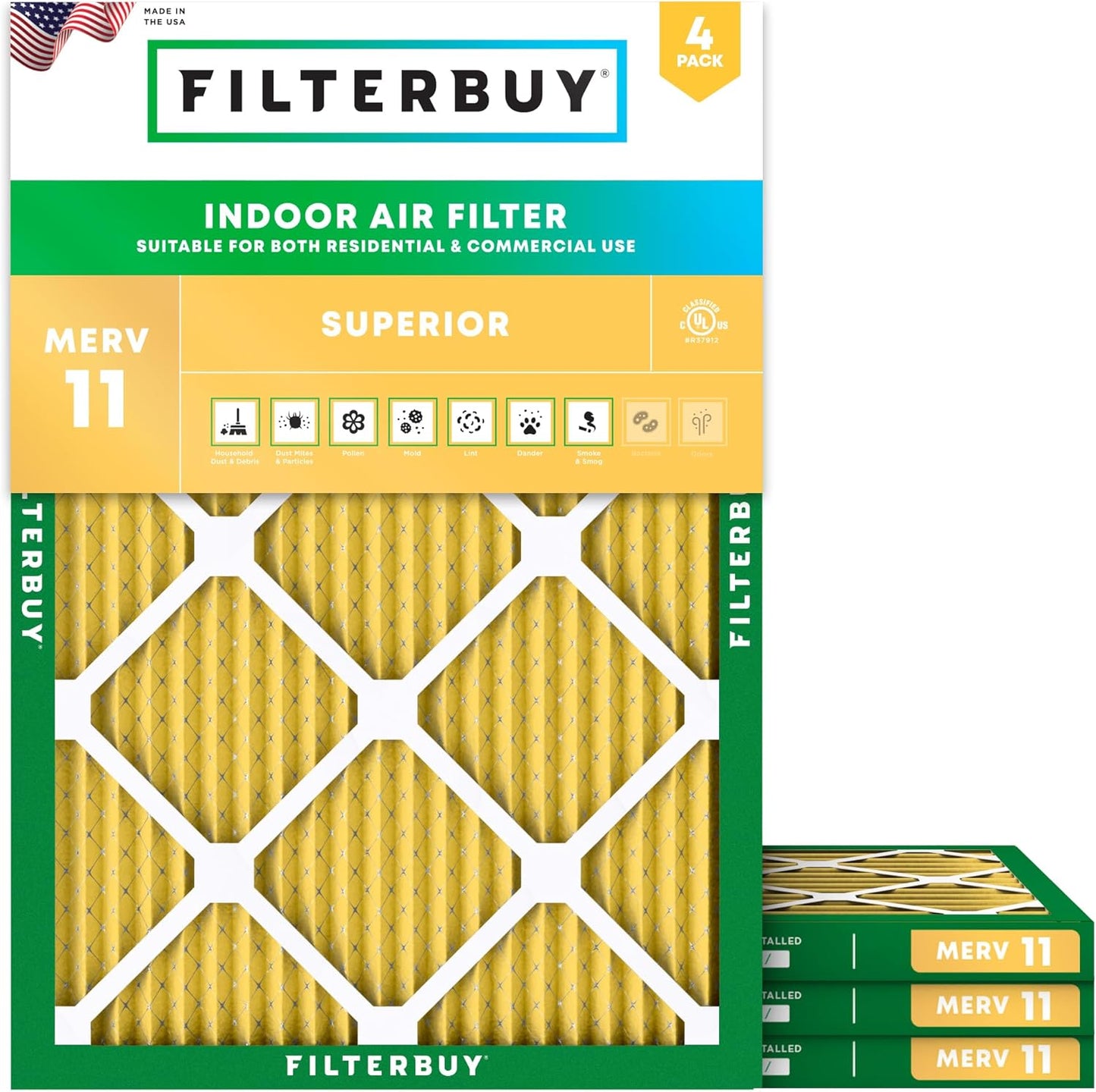 Filterbuy 15x20x1 Air Filter MERV 11 (MPR 1200) Allergen Defense Replacement (4-Pack), Electrostatic Pleated HVAC AC Furnace Filters, Made in USA (Actual Size: 14.50 x 19.50 x 0.75)