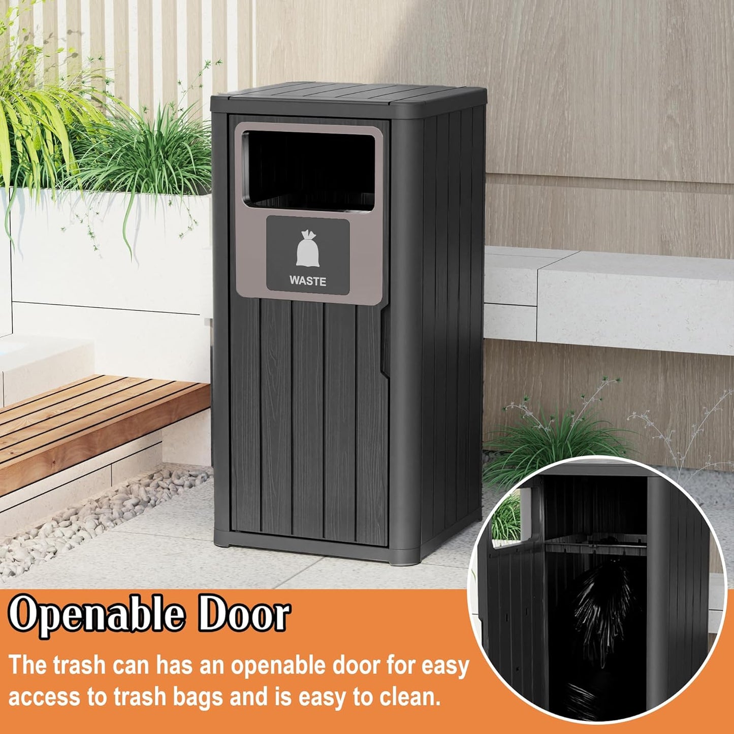 Outdoor Single Barrel Trash Can,Waterproof Resin Garbage Can with Garbage Labels,Durable Waste Bin for Porch, Backyard,Kitchen,for 30 to 39 Gallon Trash Bags