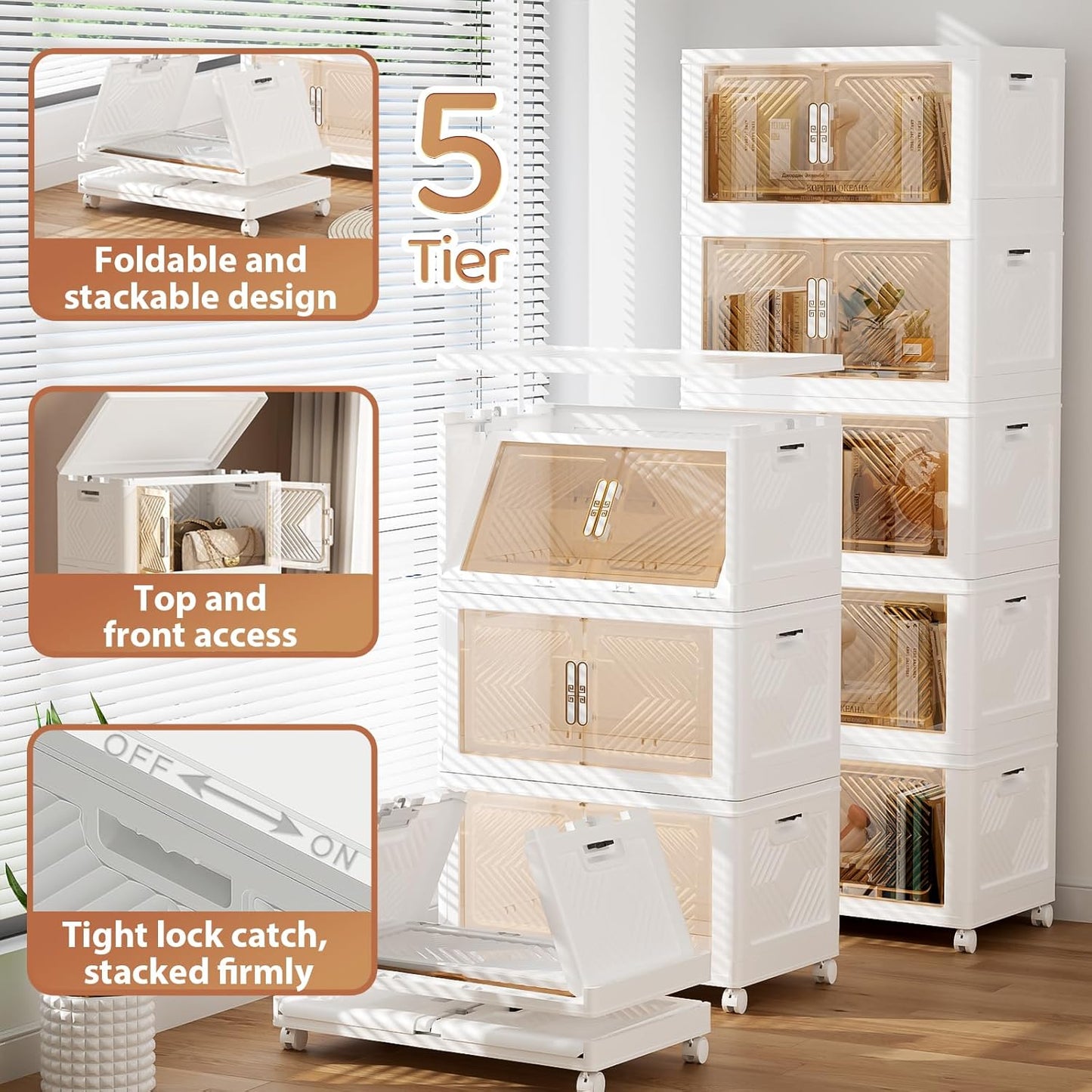 Storage Bins with Lid 76QT, Stackable Storage Containers with Wheels and Magnetic Doors, Plastic Clothes Closet Organizers and Storage Box for Pantry, Home and Office (5 Pack)