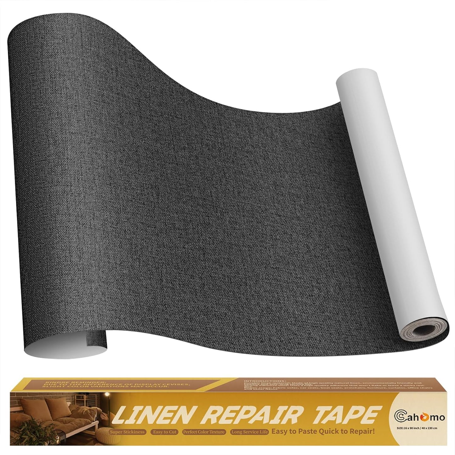 Linen Repair Tape 16x90 inch, Self Adhesive Fabric Patches, Linen Patch Tape Kit, Fabric Repair Tape for Couch Sofas, Headboards, Chairs, Pillows, Curtains, Couches - Black Grey