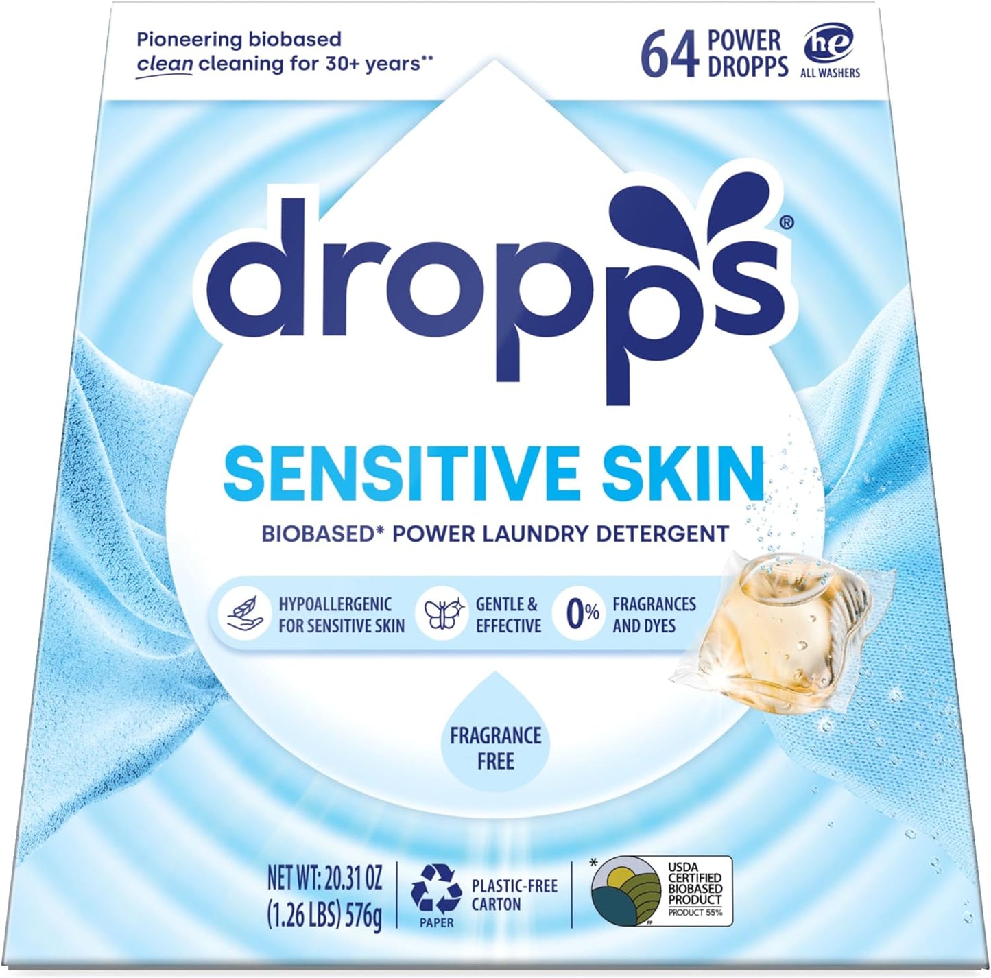Dropps Sensitive Skin Laundry Detergent Pods, Unscented (64 Count) - Dermatologist Tested Laundry Pods - HE Compatible Laundry Supplies for Clean Clothes, Vegan & Dye-Free