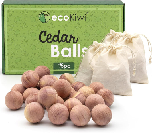 ecoKiwi Cedar Balls for Clothes Storage 75 Pack - 100% Natural Red Cedar Blocks for Clothes Storage - Aromatic Cedar Chips for Closets & Drawers - Cedarwood Oil Planks with Sandpaper & 3 Cotton Bags