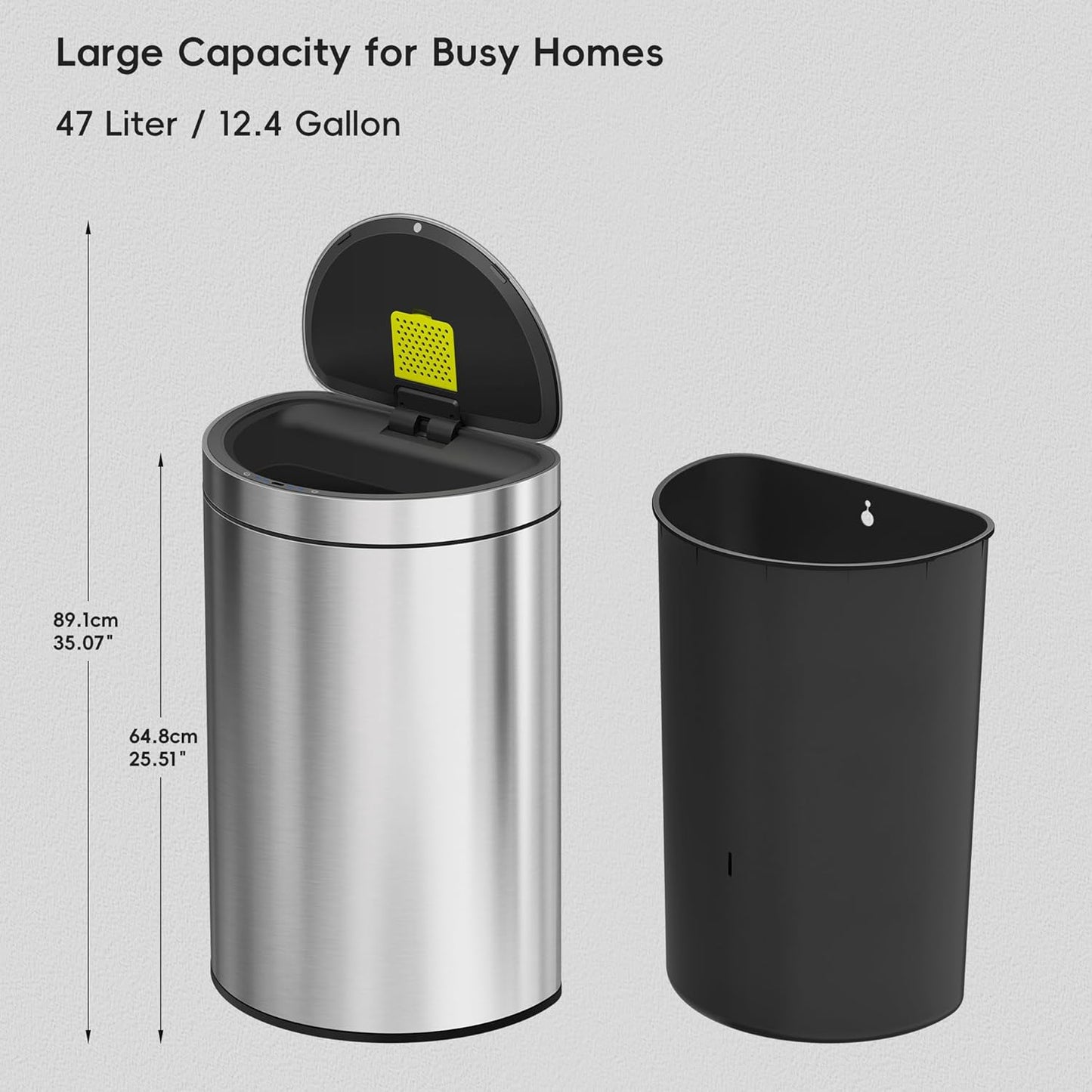 EKO Mirage Semi-Round Motion Sensor Trash Can, 47 Liter / 12.4 Gallon Automatic Large Kitchen Trash Can with Deodorizer Compartment, Removable Lid and Bucket, Matte Stainless Steel