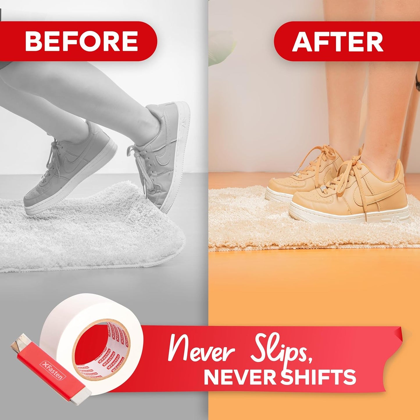 XFasten Double Sided Carpet Tape for Area Rugs, 2 Inch x 10 Yards w/Mini Cutter – Heavy Duty Anti Slip Rug Grip Tape, Works as Rug Gripper, Wood Safe, Easy Removal for Hardwood and Laminate Floors