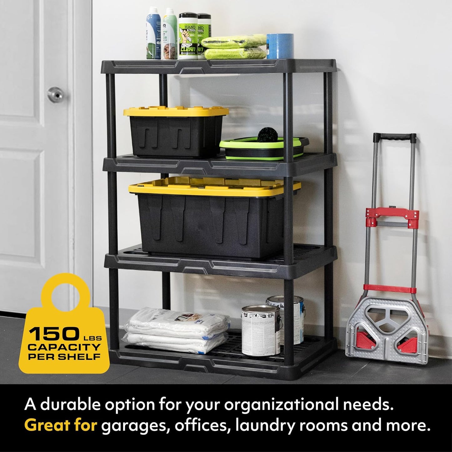 CX 4-Tier (53”H x 36”W x 18”D) Plastic Storage Shelving Unit (Black), Heavy Duty, 150lbs Per Shelf Capacity, Indoor/Outdoor Storage and Organization in Home, Garage, Office with Easy Assembly