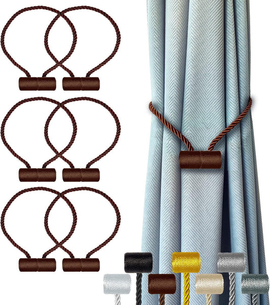 Hion Magnetic Curtain Tiebacks Dark Brown 6 Pack, Curtain Tiebacks Buckles Holdbacks Holders Hooks Clip for Home Bedroom Office Decorative Thick or Thin Curtain