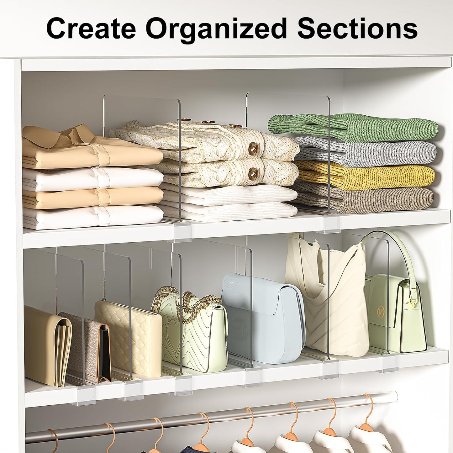Shelf Dividers Purse Organizer for Closet: 12-Pack Acrylic Bag Storage Organizer for Handbags, Clutches, Clothes, Sweater, Towel on Wood Shelves