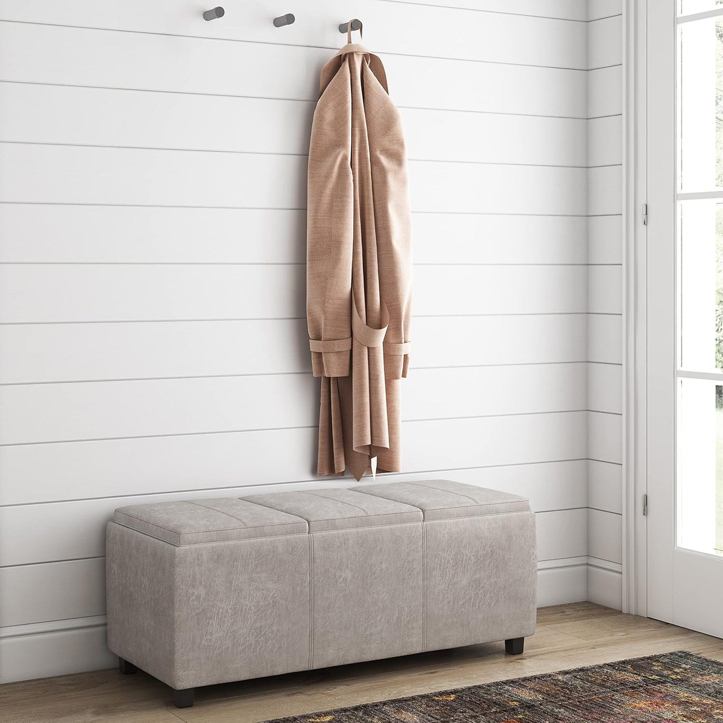 SIMPLIHOME Avalon 42 inch Wide Contemporary Rectangle Storage Ottoman in Distressed Grey Taupe Vegan Faux Leather, Assembled, for the Living Room, Entryway and Family Room