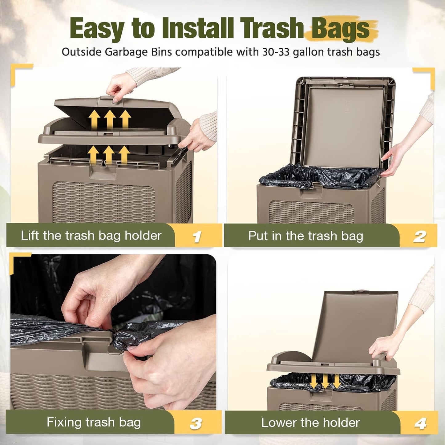 Devoko 33 Gallon Outdoor Trash Can with Dual Lid, Heavy Duty Waterproof Resin Garbage Bins Outside, Hideaway Waste Bins for Patio, Outside Pool, Backyard and Deck (2, Brown)