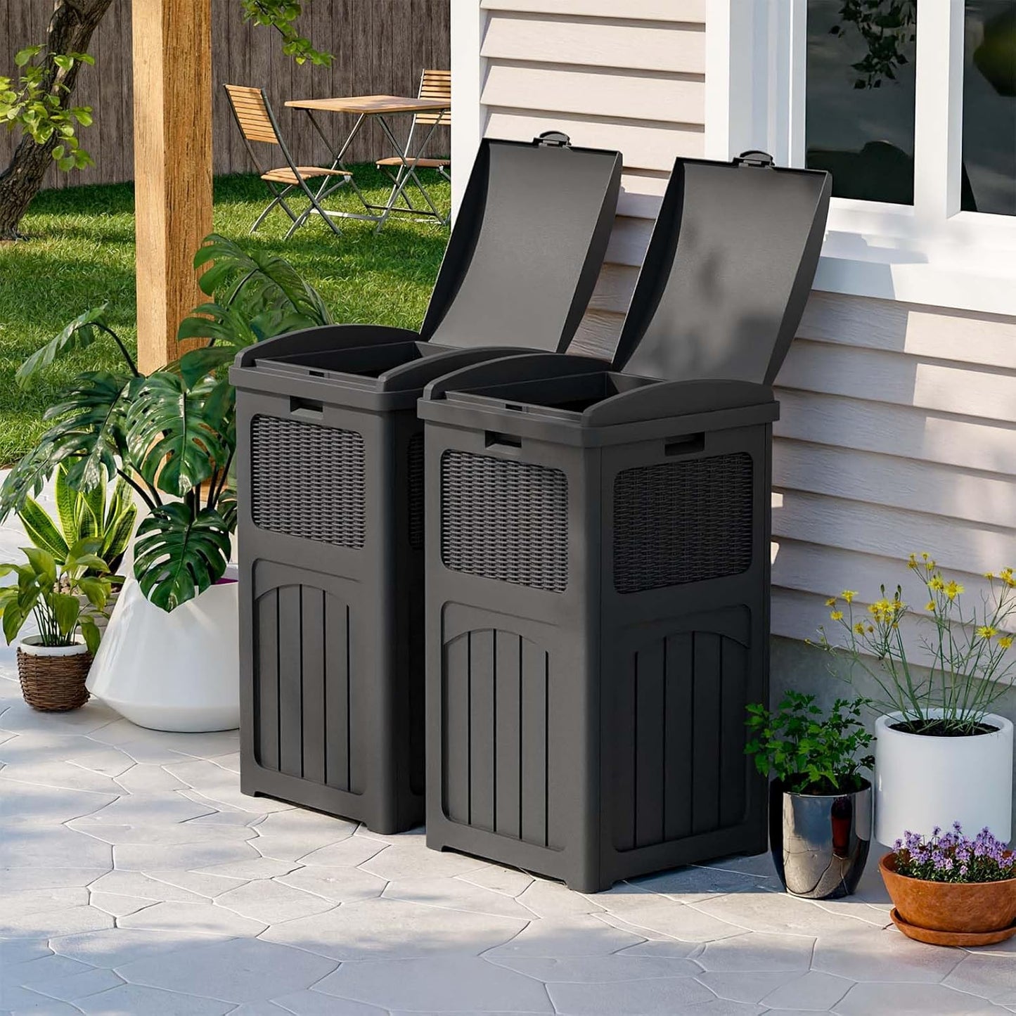 Patiowell 36 Gallon Outdoor Trash Can, Resin Outdoor Garbage Can with Lid for Patio, Backyard, Deck, Black (2 Pack