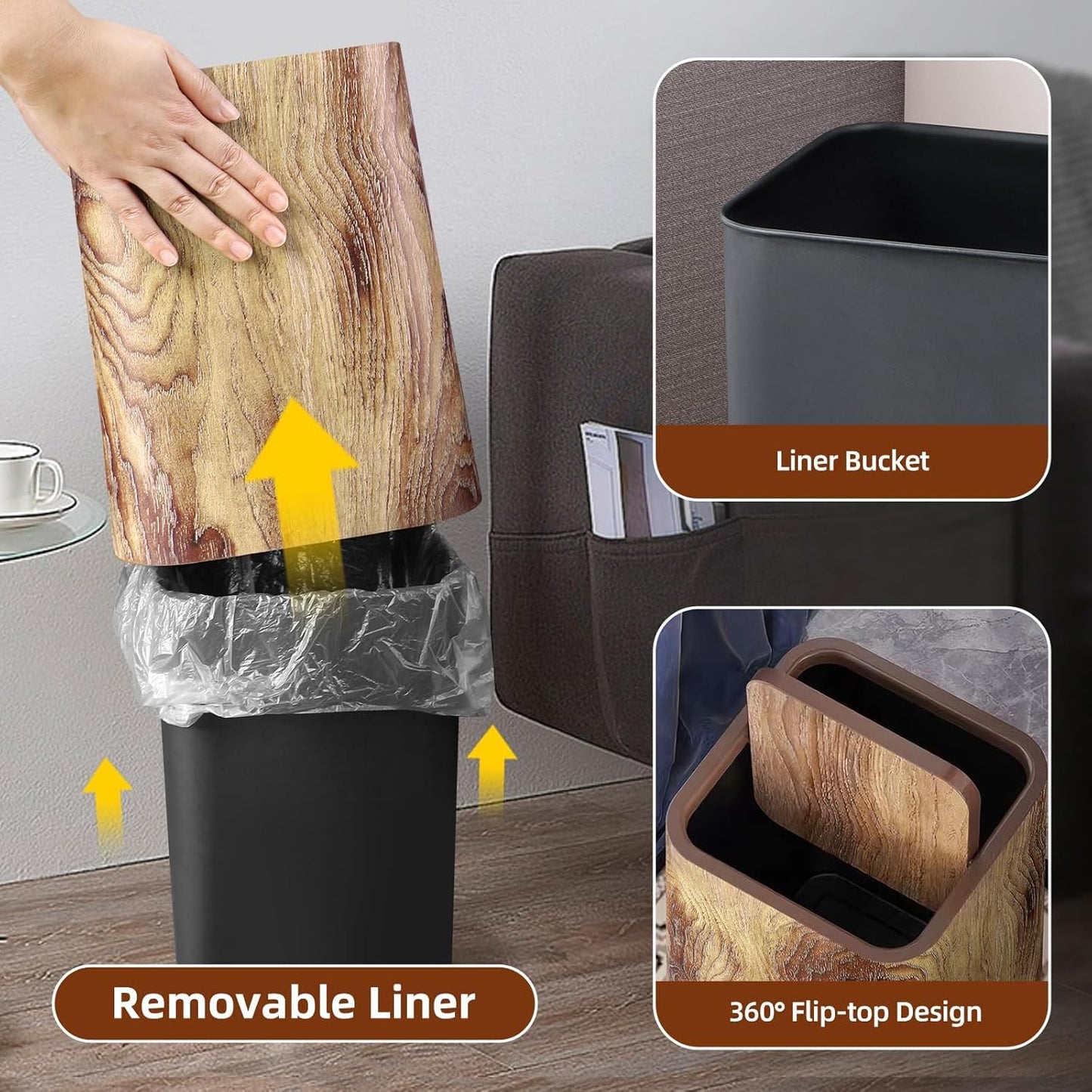 Wood Grain Plastic Trash Can Swing Top Lid, 4Gal/15L Farmhouse Wastebasket Bin Retro Style with Inner Bucket, Bathroom Trash Can Hidden Bag for Room Aesthetic, Square Brown Garbage Can 2pack