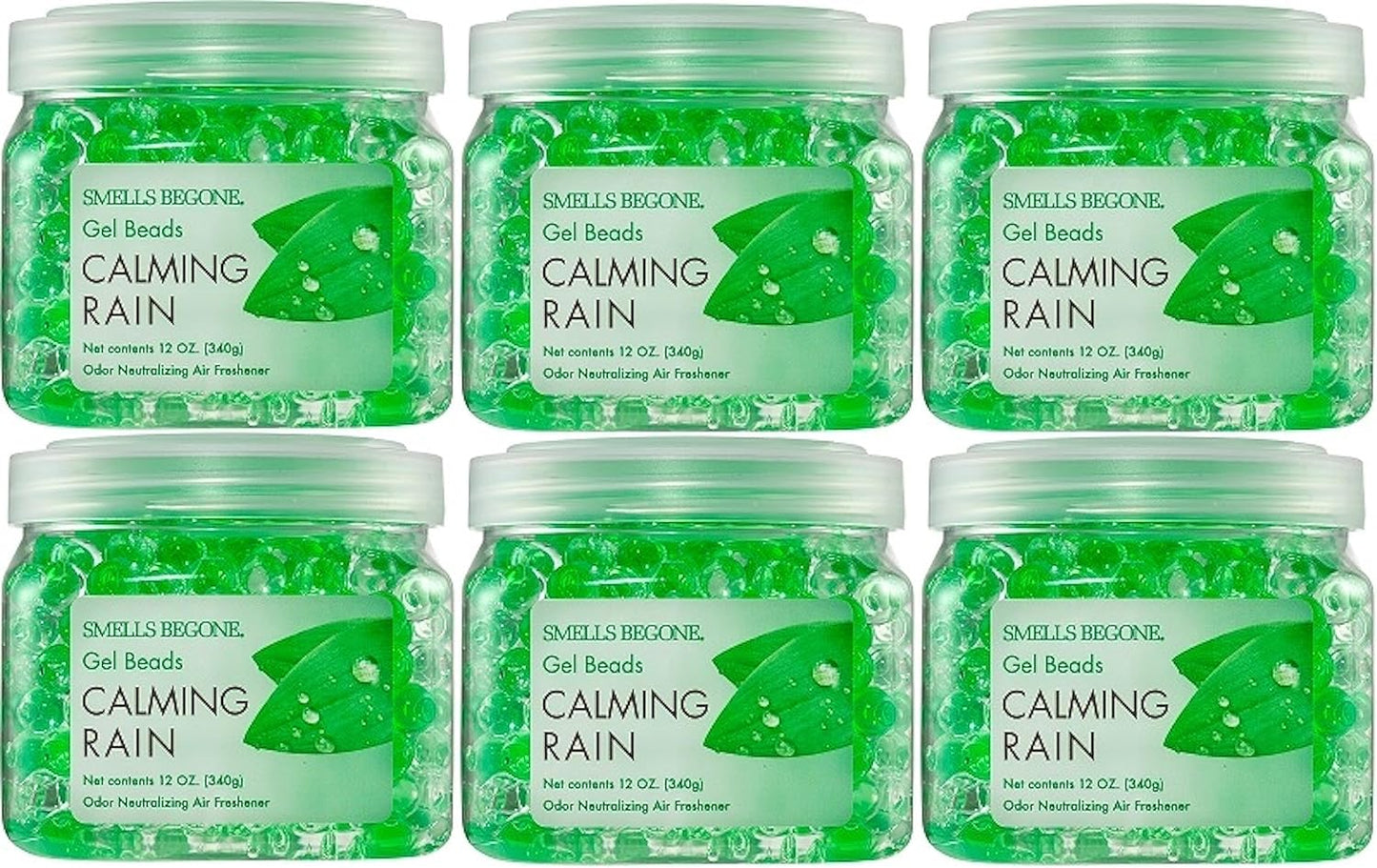 SMELLS BEGONE Odor Eliminator Gel Beads - 12 oz, Pack of 6 - Eliminates Odor in Bathrooms, Cars, Boats, RVs & Pet Areas - Air Freshener - Made with Essential Oils - Calming Rain Scent