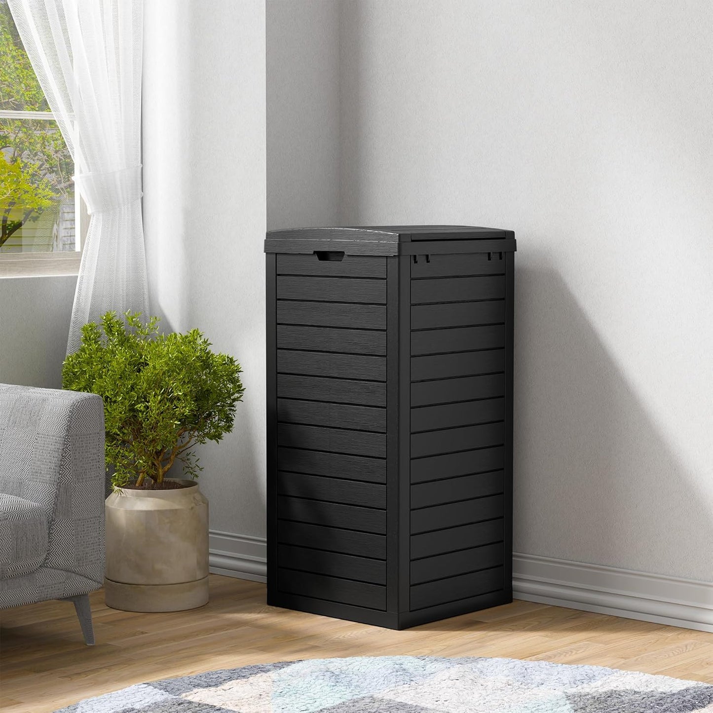 NUNU LAB 31 Gal Outdoor Trash Can with Lid - Heavy Duty Waterproof Resin, Removable Drip Tray, Fits 33-40 Gallon Bags - Large Garbage Bin for Patio, Backyard, Deck