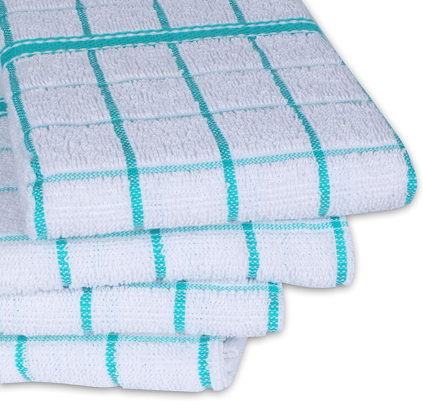 AMOUR INFINI Terry Cotton Kitchen Towels 4-Pack - Large 18 x 28 Inch, Absorbent & Soft Dish Towel with Hanging Loop, Washable Ideal for Cleaning, Drying (Teal)